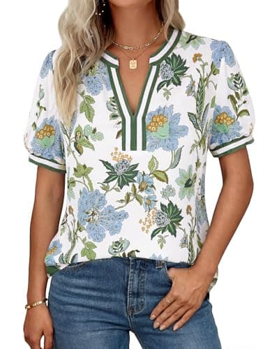 GRACE KARIN Women Boho Floral Tops, 2026 Summer V Neck Puff Short Sleeve Dressy Casual Shirts Green Flower M - Image 1