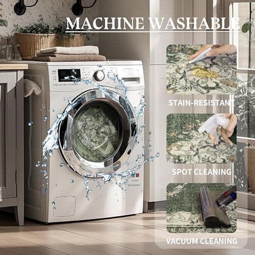 Brevonox 6x9 Area Rugs Washable: Oriental Soft Area Rug for Living Room Bedroom No Shedding - Low Pile Thin Carpet Rug for Dining Room Non Slip - Boho Vintage Rug for Home Decor - Olive Green - Thumbnail 6