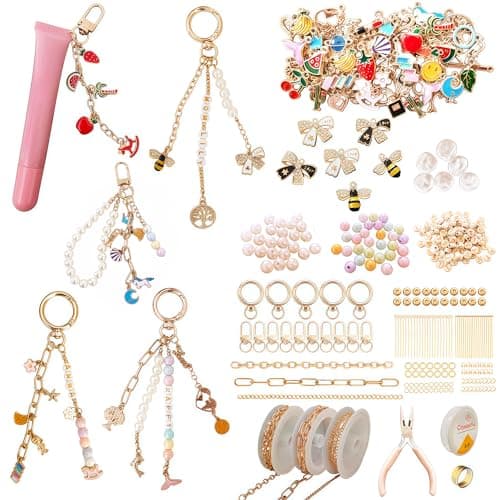 NewOasis 513Pcs Gold Keychain Making Kit & Bag Charm Kit, DIY Lip Gloss Charms & Jewelry Making Supplies with Enamel Charms, Beads, Pliers - Coquette Aesthetic & Preppy Gifts - Image 1