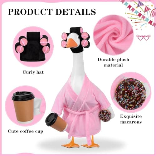 yuboo Lady Porch Goose Outfit 23 Inch Pink Bathrobe, Spring Goose Clothes Porch Geese Accessories Pink Pajamas Robe Curlers and Coffee Cup for Spring Easter Funny Decoration - Thumbnail 2