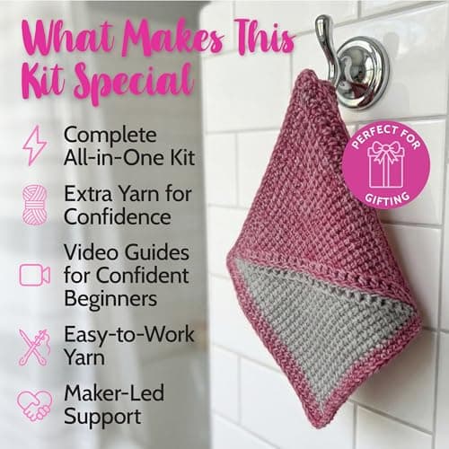 KnitPal Everyday Joy Tunisian Crochet Dishcloth Kit for Confident Beginners – Make 4 Reusable Dishcloths – Cotton Yarn, Tunisian Crochet Hook, 2 Patterns & Video Tutorials (Cherry Red + Elephant Gray) - Thumbnail 2