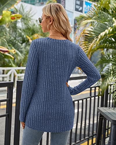 WNEEDU Long Sleeve Shirts for Womens Crewneck Pullover Sweater - Casual Lightweight Tunic Tops 2026 Fall Winter Clothes(Blue,2XL) - Thumbnail 4