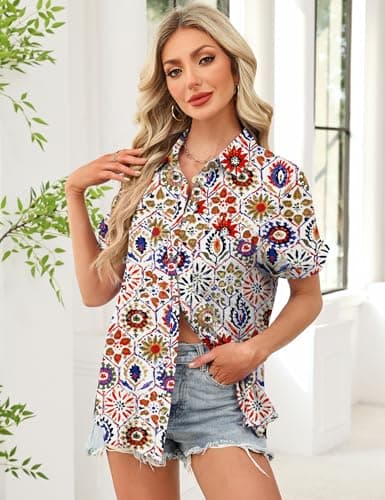Kistore Womens Hawaiian Shirts Button Down Shirt with Pocket Short Sleeve Blouses Business Casual Work Tops Summer Outfits M - Thumbnail 3