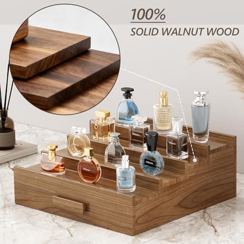Hrbjunuo Solid Walnut Cologne Organizer for Men,4 Tier Cologne Stand,Wooden Cologne Holder Display Shelf with Drawer Storage and Hidden Compartment,Perfume Stand Organizer,Gift for Men Dad Husband - Thumbnail 4