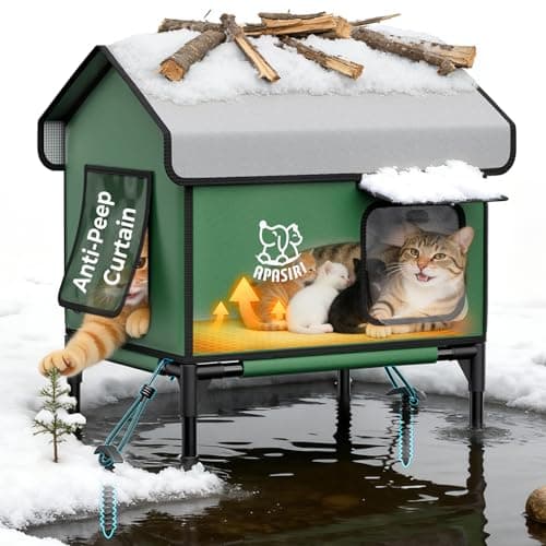 Apasiri Heated Cat House Weatherproof - Insulated Outdoor Cat Shelter with Thermostatic Heating Pad, Water Resistant 900D Oxford Feral Cat House with Anti-Peep Curtains Escape Door for Winter, Large - Image 1