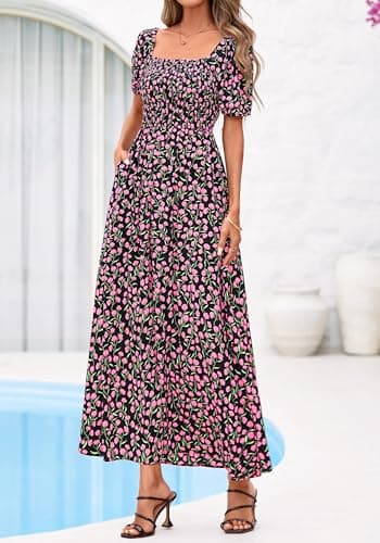 BTFBM Spring Summer Dresses for Women 2026 Puff Short Sleeve Smocked Floral Print Boho Beach Wedding Guest Maxi Dress(Floral Black Pink, X-Large) - Thumbnail 5