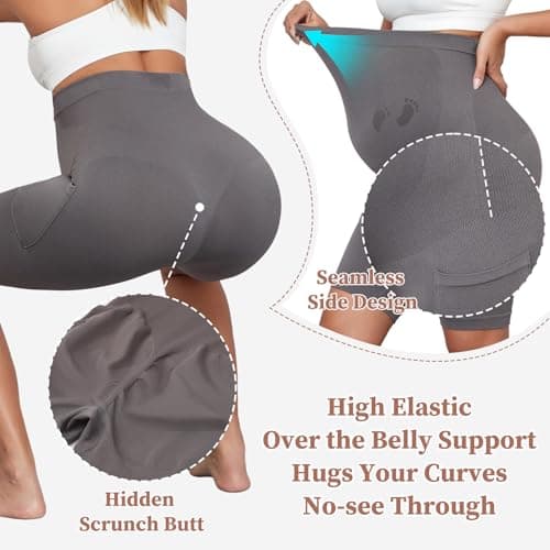 Y25D Maternity Biker Shorts with Pockets 8" Over Belly Seamless Athletic Yoga Workout Running Lounge Shorts - Thumbnail 4