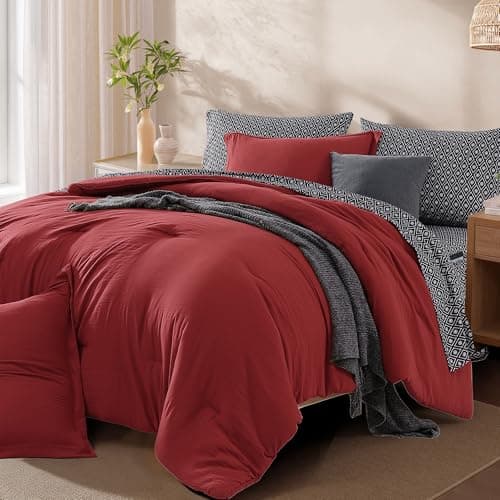 Monbix King Size Comforter Set - 7 Pieces Bright Red Prewashed Bed in a Bag King Bedding Sets with Comforters, All Seasons Ultra Soft Comforter Bed Set with Sheets, Pillowcases & Shams - Thumbnail 2
