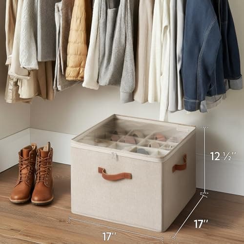 StorageWorks Shoe Organizer for Closet, Fits up to 16 Pairs, Shoe Cubby Storage Containers with Adjustable Dividers and Clear Cover, Taupe - Thumbnail 6
