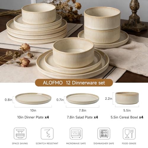 ALOFMO Stoneware Dinnerware Sets, Plates and Bowls Sets for 4, 12-Piece Ribbed Dishes – Chip & Scratch Resistant, Microwave and Dishwasher Safe Tableware, Beige - Thumbnail 2