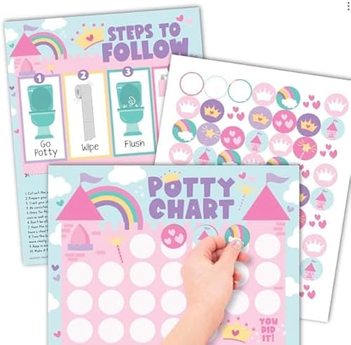Hadley Designs Potty Training Chart for Toddlers Girls -10 Sticker Potty Chart for Toddlers Girls, 8.5x11" Potty Training Sticker Charts for Toilet Success, Princess Toddler Reward Chart for Kids