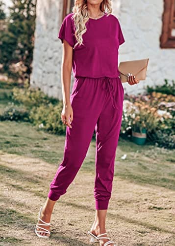 KIRUNDO Jumpsuits for Women Summer 2026 Casual Short Sleeve One Piece Outfits Drawstring Waist Long Pants Romper Jumpers(Purple Red, Medium) - Thumbnail 2