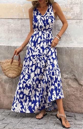 BTFBM Women Summer Dresses Casual Sleeveless Maxi Dresses Cute Floral Long Dress Wedding Guest Dress(Royal Blue Beige Flower,Large) - Thumbnail 5