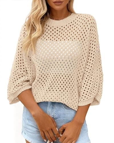 KIRUNDO Crochet Tops for Women Summer Batwing Sleeve Beach Sweater Lightweight Knit Cover Up Shirts Cruise Vacation Outfits(Beige, Large) - Image 1