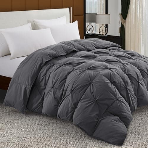 ALPSWAN Pinch Pleat Goose Feather Down Fiber Comforters King Size, Grey 100% Cotton Duvet Insert, Fluffy Medium Warmth Bedding Comforter with Corner Loops (Grey, 106 x 90 Inch)