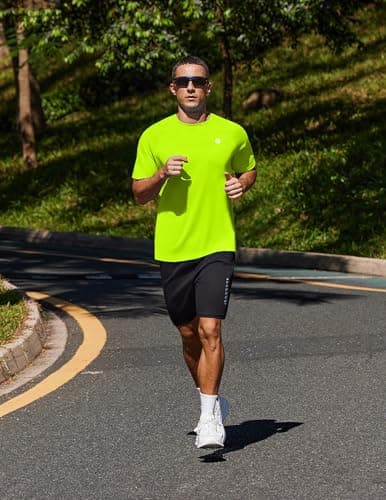 PINSPARK Workout Shirts for Men - Lightweight Crewneck Running Athletic T-Shirts Short Sleeve Quick Dry Moisture Wicking Gym Tees L Neon Green - Thumbnail 6