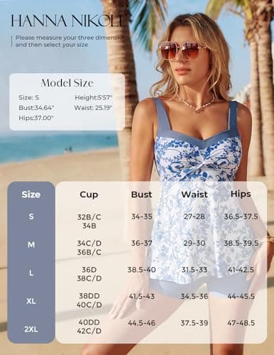 Hanna Nikole Womens Vacation Outfits 2025, Push Up Tankini Sets with Shorts, Flowy Loose Fit Beachwear White Base Blue Floral L - Thumbnail 6