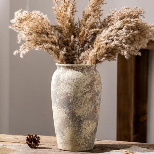 Vintage Ceramic Farmhouse Flower Large Vase, Rustic Terra Cotta Tall Floor Stone Vases, Pottery Decorative Flower Vase for Home Decor, Table, Living Room Decoration, Shelf Decor, Mantel, 9.8 Inch - Image 1