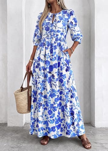 KIRUNDO Women Summer Beach Vacation Wedding Guest Dresses 2026 Spring Boho Floral 3/4 Sleeve Loose Cruise Flowy Maxi Dress(Blue, Small) - Thumbnail 4