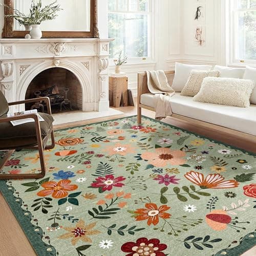 Washable Area Rug, Floral Rug, Large Carpet for Living Room & Bedroom, 9'x 12',Grass Green - Image 1