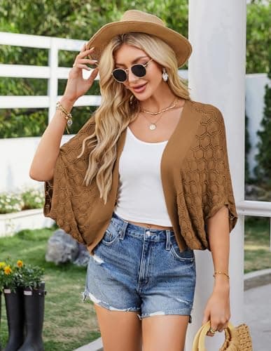 Womens Batwing Crochet Open Front Oversized Bolero Shrug Cardigan Coffee XL - Thumbnail 2