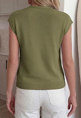 BTFBM Sweater Vest Women V Neck Cap Sleeve Button Down Knit Tops Spring Summer 2026 Loose Lightweight Cardigan Vests(Army Green, Medium) - Thumbnail 3