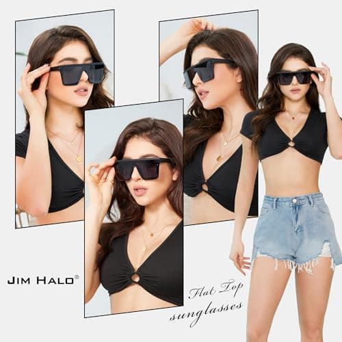 JIM HALO Flat Top Shield Sunglasses Square Mirror Rimless Glasses for Women Men (Black Frame/Mirror Blue Lens) - Thumbnail 2