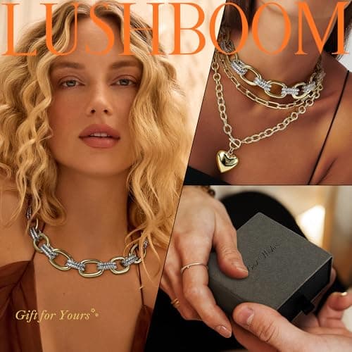 Lushboom 14K Gold Plated Two Tone Chunky Chain Necklace for Women | Trendy Silver Twist Chain Layering Link Necklaces Designer Dupes Jewelry - Thumbnail 2