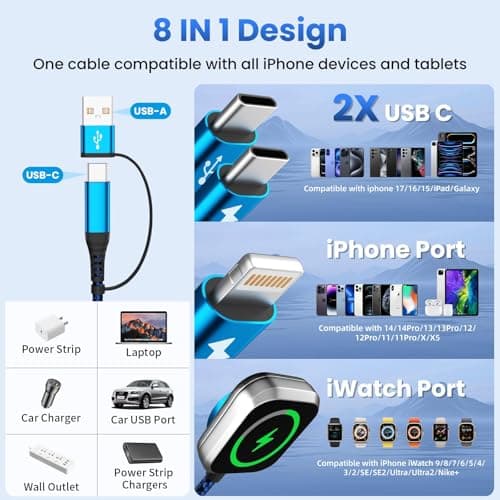 Jogrytece Multi Charging Cable with Dual Type-C Ports, 4 in 2 USB A/C Charing Cord for iWatch Charger/iPhone Charger/L Port, 5FT 2Pack iWatch Cable Travel Essentials for iWatch/iPhone 17-11/Android - Thumbnail 3