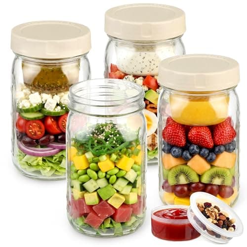 Xelyra Glass Salad Jar 4 Pack 32oz with Lids for Meal Prep, Salad Container for Lunch, Jars with Dressing Cup, Mason Container, Meal Prep Jars - Image 1