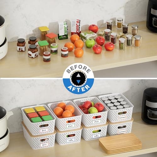 Anysig 8 Packs Plastic Storage Bins with Bamboo Lids - Stackable Storage Bins Decorative Small Basket Containers for Organizing Shelves Office Classroom Desktop Closet, Cream White - Thumbnail 4