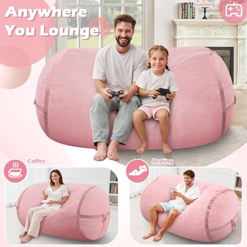 HABUTWAY Bean Bag Chair, 5FT Giant Bean Bag Chair with Memory Foam, Ultra-Soft Corduroy Cover & Zipper Design, Portable Handle – Comfy Bean Bag Sofa for Living Room, Bedroom, No Assembly - Pink - Thumbnail 4