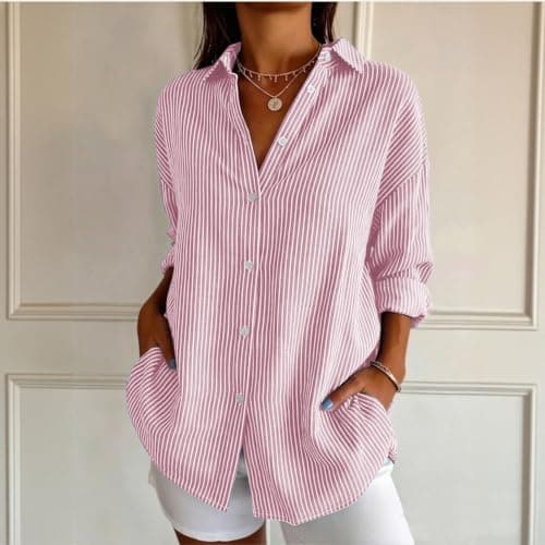 Striped Shirt Women Long Sleeve Summer Fall Tops Pink X-Large - Thumbnail 2