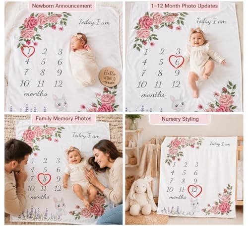 vmaisi Baby Milestone Blanket for Girl, Monthly Growth Photo Blanket for Newborn Infant, Floral Nursery Swaddle Blanket (Flowers, Single Printed - Thumbnail 3