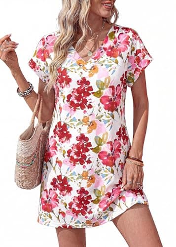 KIRUNDO Summer Dresses for Women 2026 Beach Sundress Spring Casual V Neck Boho Floral Vacation Outfits Cruise Resort Wear(White Red Flower, Small) - Image 1