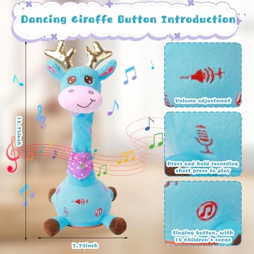 MIAODAM Dancing Talking Giraffe Stuffed Animal, Singing 10 Children's Song, Baby Toy Repeats What You Say, Christmas Colorful Glowing Giraffe Plush Interactive Toys for Toddlers 1-3 Year(Blue - Thumbnail 3