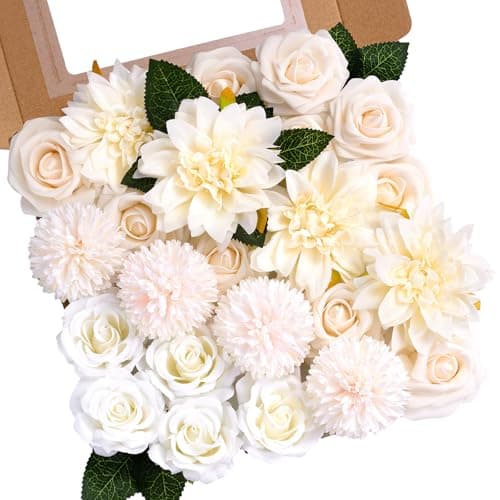 Champagne Flowers Artificial Roses Combo Set Faux Champagne Silk Flowers Fake Roses Mix Chrysanthemum Dahlia with Stems for Wedding Bouquets Table Centerpiece Baby Bridal Shower Birthday Party Decor - Image 1