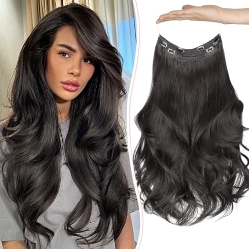 PHADRIA Invisible Wire Hair Extensions Layered Long Wavy Natural Black Hairpiece for Women Transparent Wire Adjustable Size 6 Secure Clips Invisible Headband Hair Extension 20 Inch - Image 1