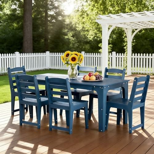 ACUEL HDPE Patio Dining Set for 6, Weather-Resistant Outdoor Table with Umbrella Hole, Never Sagging One-Piece Tabletop with Metal Support Bars for Poolside Backyard Garden (Blue) - Thumbnail 5