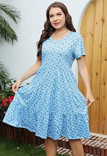 Younrui Plus Size Midi Summer Casual Dress for Women Short Sleeve Scoop Neck Ruffle Babydoll Swing Dress (2XL-1001-Blue Daisy) - Thumbnail 6