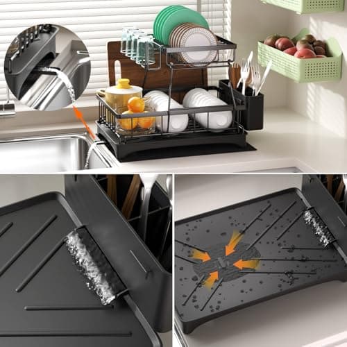 Godboat Dish Drying Rack, 2-Tier Dish Rack with Auto-Drain & Mat, Dish Racks for Kitchen Counter, Dish Drainer with Knife, Fork & Cup Rack, Gifts for Women, Mothers Day, Cool Stuff & Kitchen Gadgets - Thumbnail 6