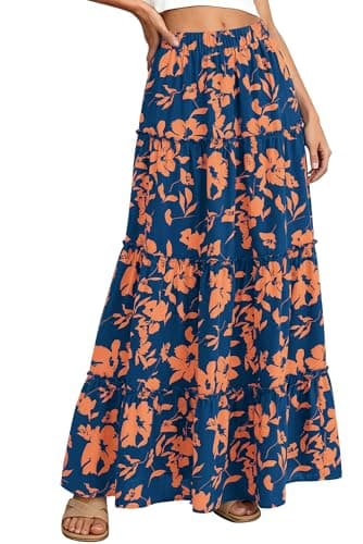 BTFBM Floral Maxi Skirts for Women Summer Spring 2026 Elastic Waist Tiered Flowy Beach Vacation Boho Midi Long Skirt(Floral Blue Orange, XX-Large) - Image 1
