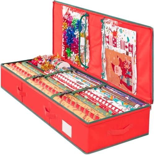 Criusia Gift Wrapping Paper Organizer Storage, Durable Underbed Storage Container Fits 24 Rolls, with Removable Dividers and Pockets for Ribbon, Ornaments, Holiday Accessories, Red - Image 1