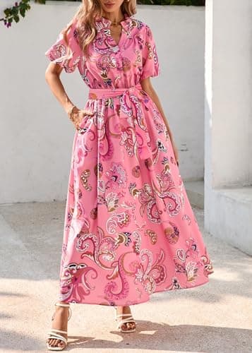 KIRUNDO Women Spring Summer Wedding Guest Boho Floral Maxi Dress Puff Sleeve Button Shirt V Neck Flowy Beach Vacation Dress(Pink, Large) - Thumbnail 4