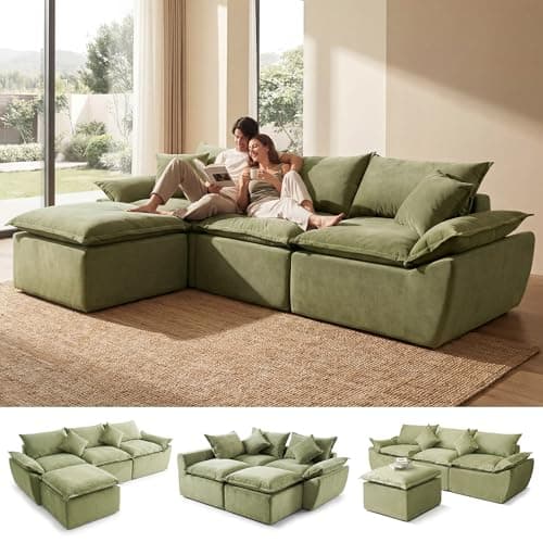 ceamorfco 108" Modern L-Shaped Modular Sectional Sofa for Living Room, Corduroy Upholstery Green, Oversized 3-Seater Couch with Deep Seat and Movable Ottoman – No Assembly - Image 1