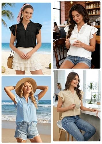 ECOWISH Womens Summer Tops Dressy Casual Ruffle V Neck Short Sleeve Blouses Swiss Dot Flowy Shirt Trendy 2026 Beige Small - Thumbnail 6