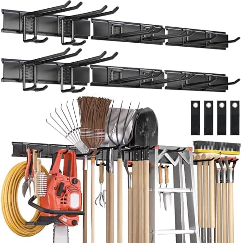Garden Tool Organizer Wall Mount, 96 inches Tool Storage Rack with Adjustable Hooks, 600lbs Adjustable Heavy Duty Metal Hooks, Yard Shed Rack Holder System Hanging Rake Broom Mop Snowboard, Men Gift - Image 1