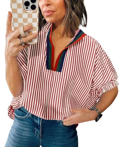 BKBEY Womens Striped Contrast Neck Shirts Elbow Puff Sleeve Dolman Blouse Top Red - Image 1