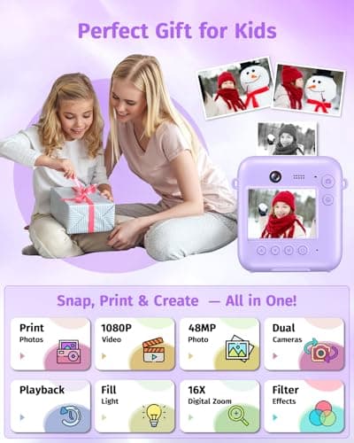 Instant Camera, Dual-Lens Kids Camera Instant Print for Boys Girls Christmas Birthday Gifts, 1080P Digital Cameras for Kids Teens with Print Paper, 32GB Card, Toddle Toy for Age 4-12 Years(Purple) - Thumbnail 2