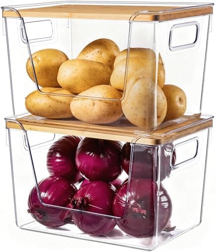 Criusia 2 Set Pantry Organizers and Storage with Bamboo Lids, Stackable Clear Bins for Onion, Potato, Fruit, Vegetables, Trash Bag Dispenser, Kitchen and Under Sink Organizer - Image 1